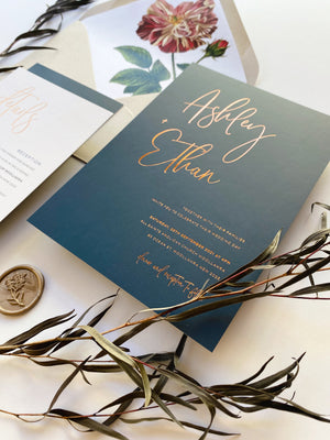 
                  
                    Load image into Gallery viewer, Wedding invitation in navy blue with hot foil in copper. Also available in gold foil
                  
                