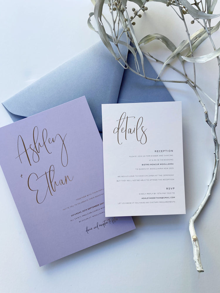Ashleigh's Calligraphy Wedding Invitation in silver foil. Also available in gold foil, copper foil and rose gold foil.