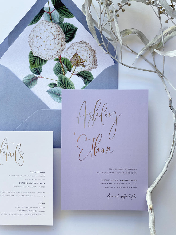 
                  
                    Load image into Gallery viewer, Ashleigh&amp;#39;s Calligraphy Wedding Invitation in silver foil. Also available in gold foil, copper foil and rose gold foil.
                  
                