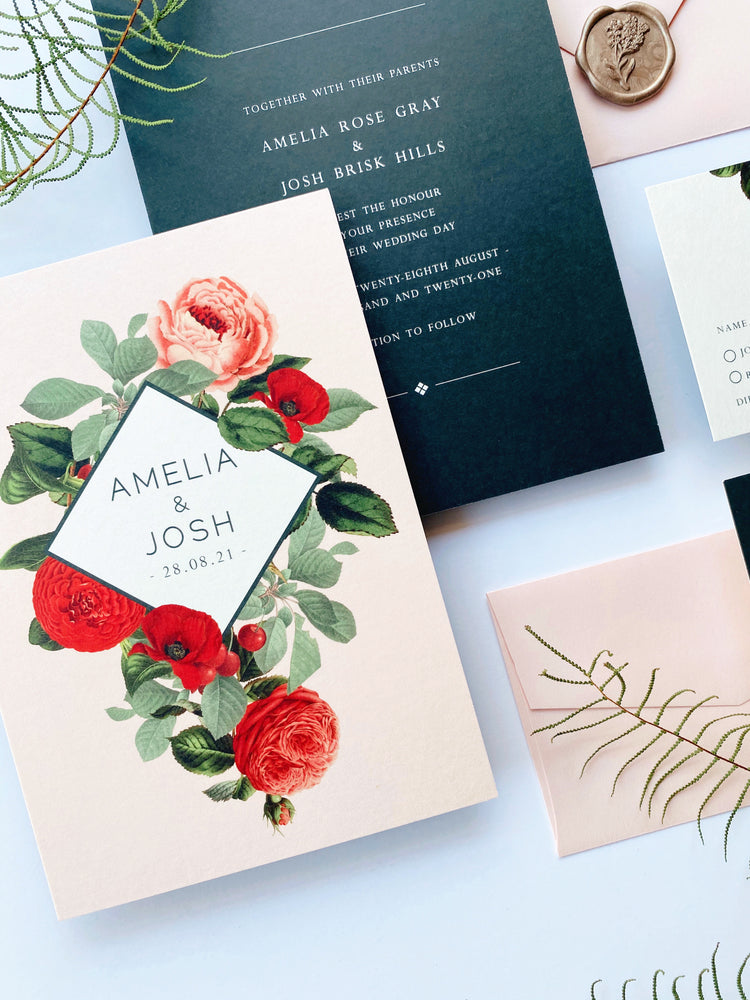 
                  
                    Load image into Gallery viewer, Secret Garden in Pink and Navy Wedding Invitation
                  
                