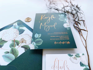 
                  
                    Load image into Gallery viewer, Hydrangeas with Hot Foil Wedding Invitation
                  
                