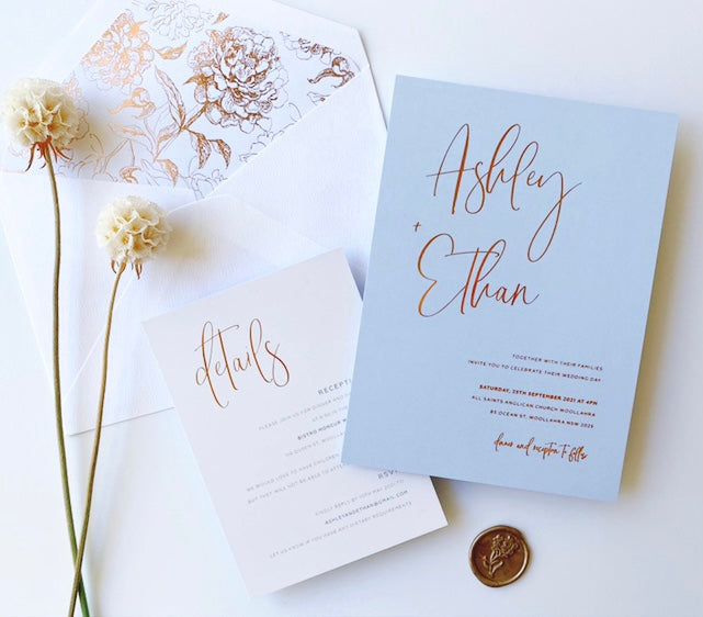 
                  
                    Load image into Gallery viewer, Baby Blue with Hot Foil Wedding Invitations
                  
                