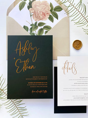 
                  
                    Load image into Gallery viewer, Wedding invitation in black with hot foil in copper. Also available in gold foil
                  
                
