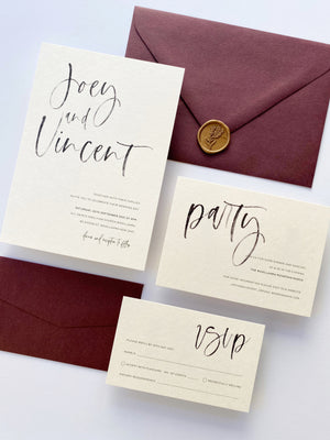
                  
                    Load image into Gallery viewer, Calligraphy in Burgundy Wedding Invitation - Digital file
                  
                