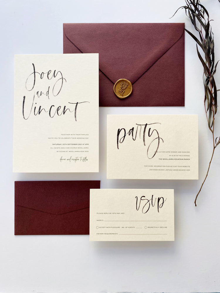 Calligraphy in Burgundy Wedding Invitation - Digital file