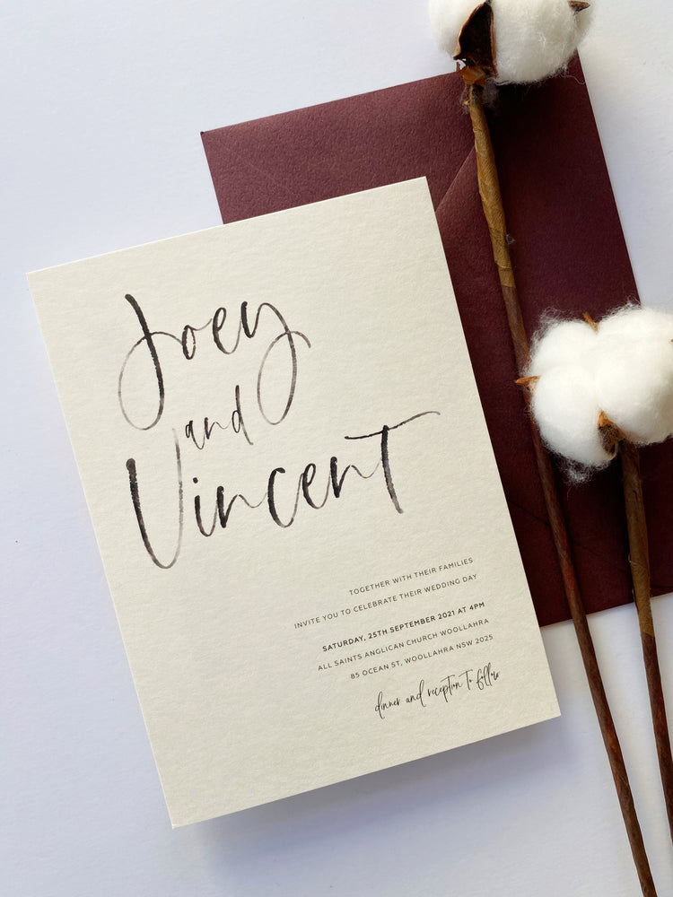 
                  
                    Load image into Gallery viewer, Calligraphy in Burgundy Wedding Invitation - Digital file
                  
                