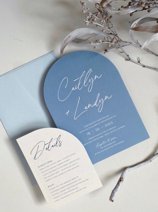 
                  
                    Load image into Gallery viewer, Blue Wedding Invitation with Light Blue Envelopes.
                  
                