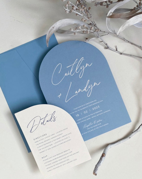 Blue Wedding Invitation with Light Blue Envelopes.