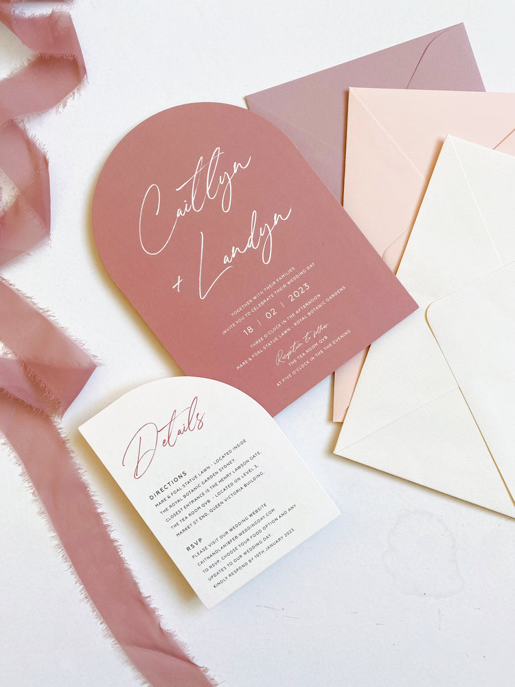 
                  
                    Load image into Gallery viewer, Pink Wedding Invitation with Pink Envelopes, assembled with skeleton leaf, raffia and wax seal.
                  
                