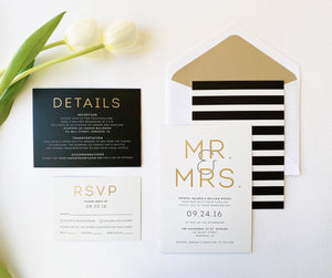 
                  
                    Load image into Gallery viewer, Black and white stripe Mr &amp;amp; Mrs wedding invitation in gold foil
                  
                