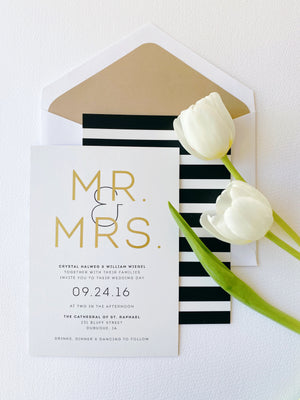 
                  
                    Load image into Gallery viewer, Black and white stripe Mr &amp;amp; Mrs wedding invitation in gold foil
                  
                