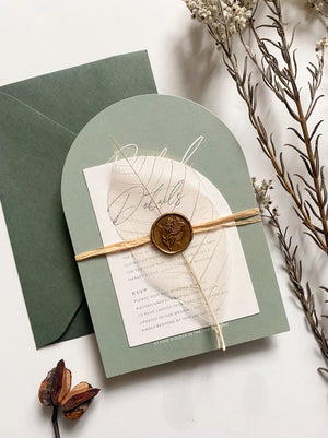 
                  
                    Load image into Gallery viewer, Green Wedding Invitation with Olive Green Envelopes, assembled with skeleton leaf, raffia and wax seal.
                  
                