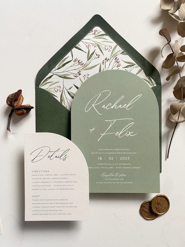 
                  
                    Load image into Gallery viewer, Green Wedding Invitation with Olive Green Envelopes, assembled with skeleton leaf, raffia and wax seal.
                  
                