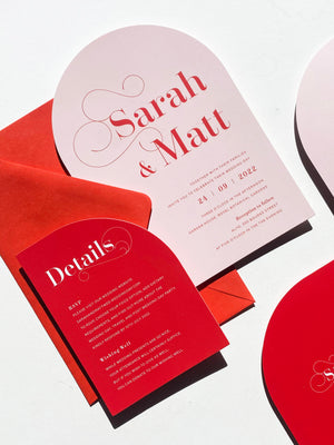 
                  
                    Load image into Gallery viewer, Red and Pink Die-cut Arch Wedding Invitation
                  
                