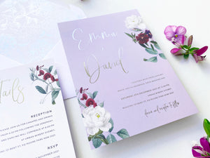 
                  
                    Load image into Gallery viewer, Purple Floral in Hot Foil Wedding Invitation
                  
                