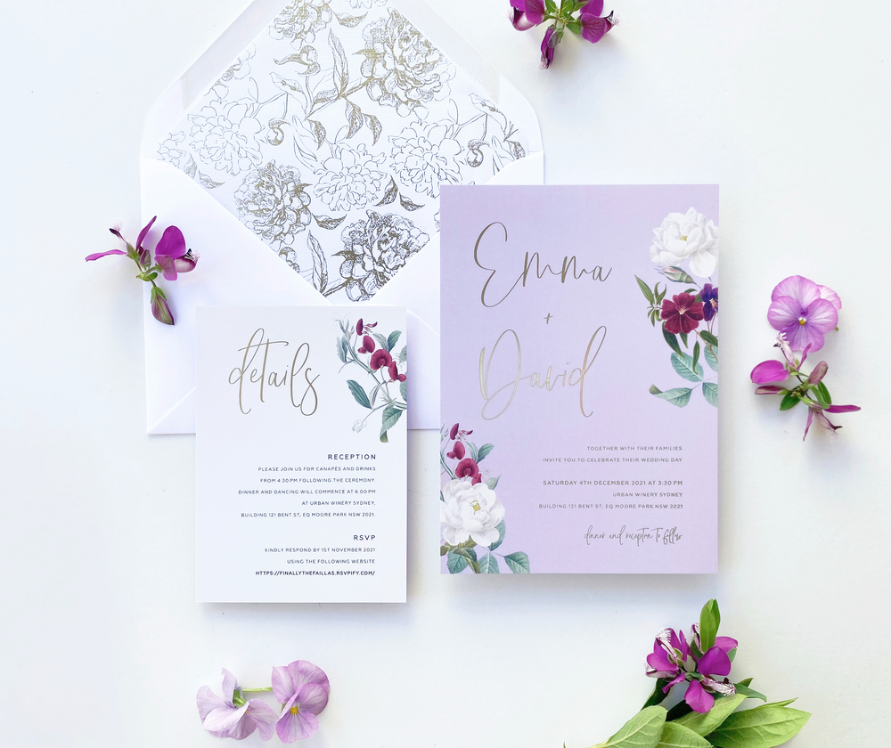 
                  
                    Load image into Gallery viewer, Purple Floral in Hot Foil Wedding Invitation
                  
                