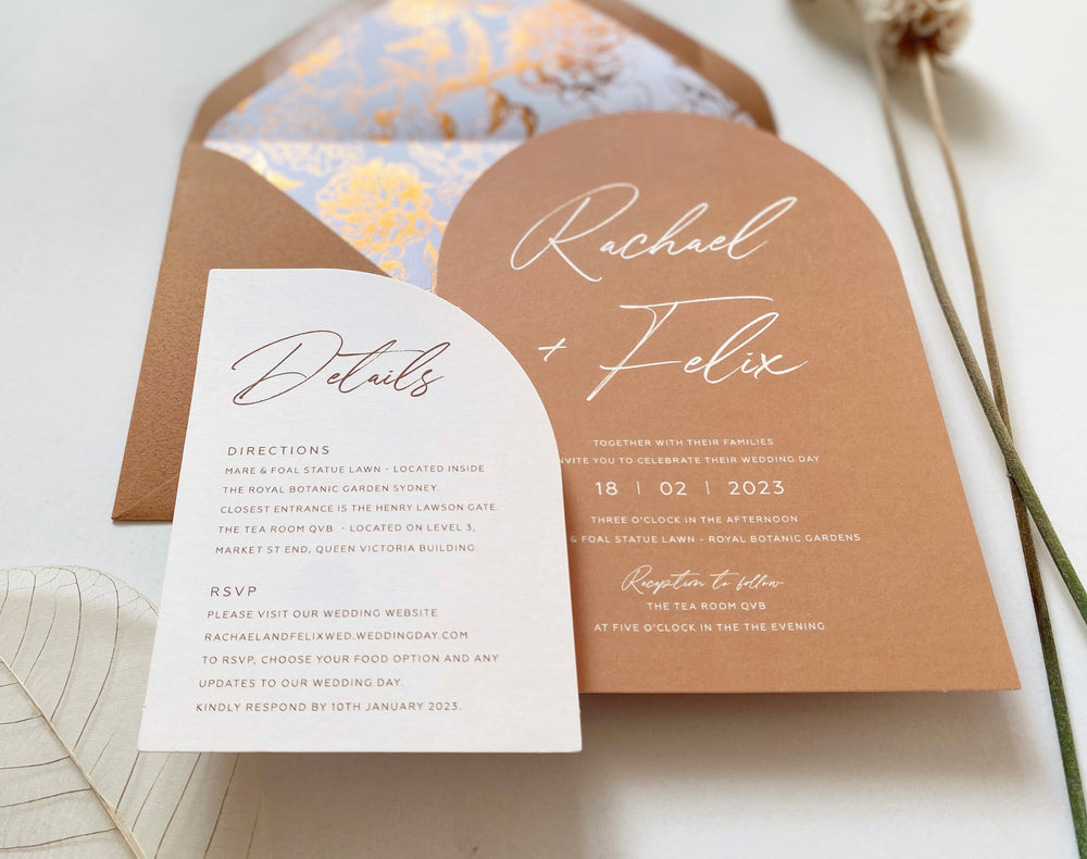 
                  
                    Load image into Gallery viewer, Earthy tone Wedding Invitation with Cinnamon envelopes, Wax Seals and Hot-foiled Envelope liners
                  
                