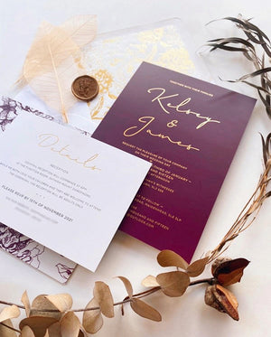 
                  
                    Load image into Gallery viewer, Burgundy and Plum Wedding Invitations with Gold Foil
                  
                