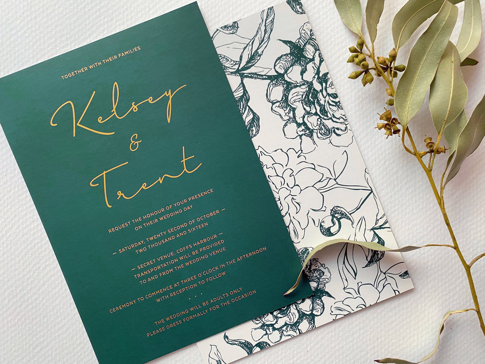 
                  
                    Load image into Gallery viewer, Floral Sketch in Hunter Green Wedding Invitation
                  
                