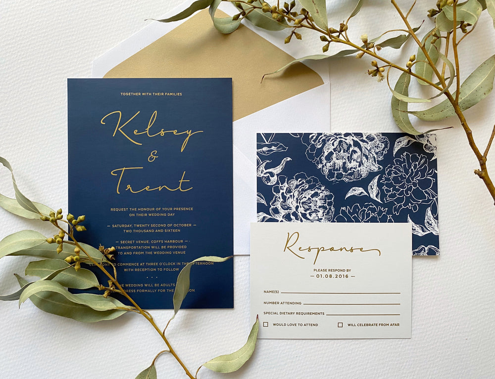 
                  
                    Load image into Gallery viewer, Floral Sketch in Navy Wedding Invitation
                  
                