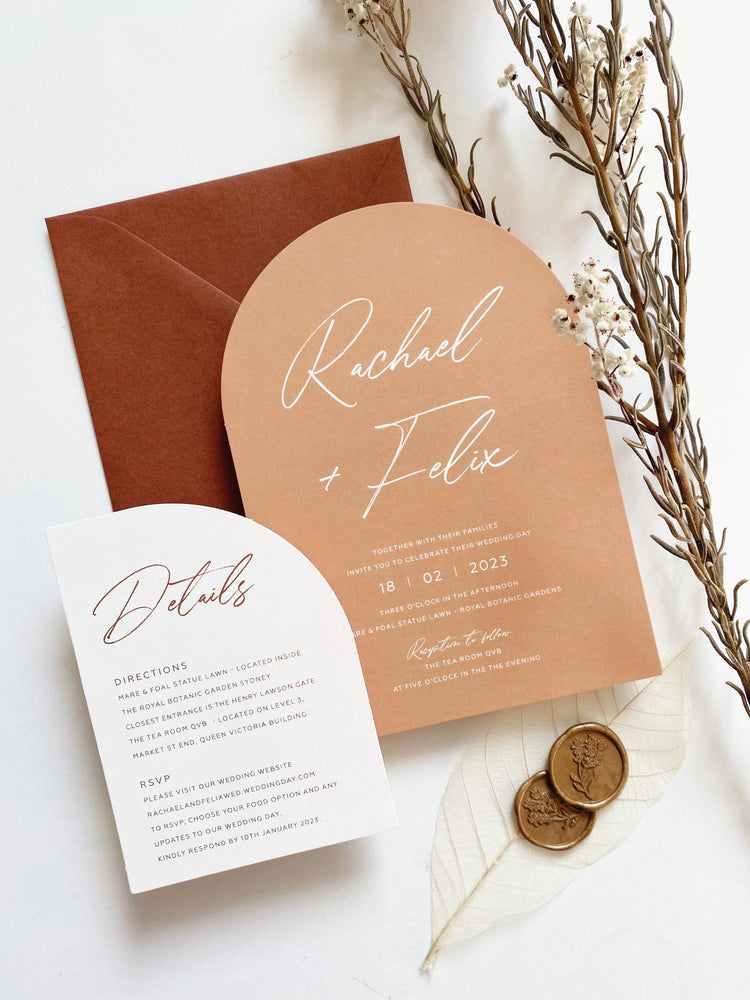 
                  
                    Load image into Gallery viewer, Earthy tone Wedding Invitation with brown, chocolate envelopes
                  
                