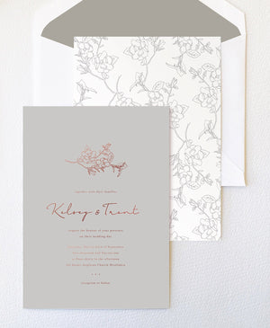
                  
                    Load image into Gallery viewer, Magnolia in Grey and Rose Gold Foil Wedding Invitation
                  
                