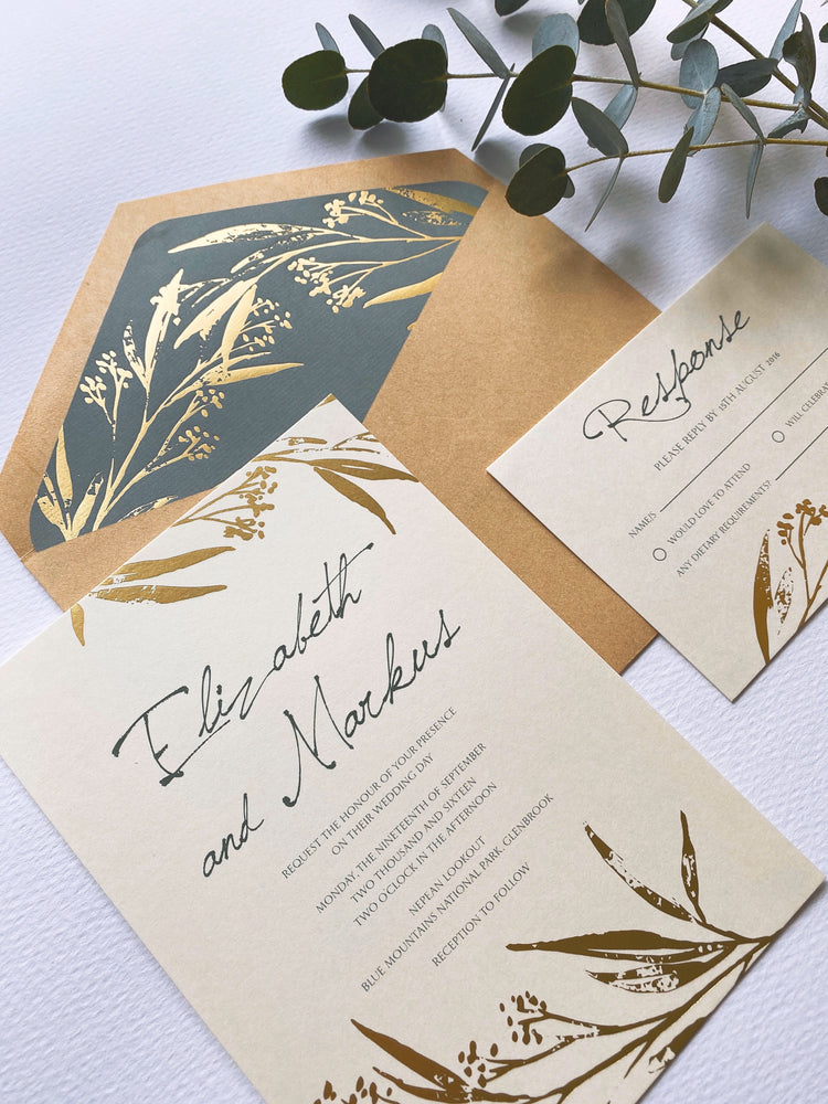 Gold Foiled Leaf Wedding Invitation