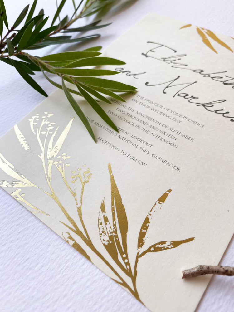 
                  
                    Load image into Gallery viewer, Gold Foiled Leaf Wedding Invitation
                  
                