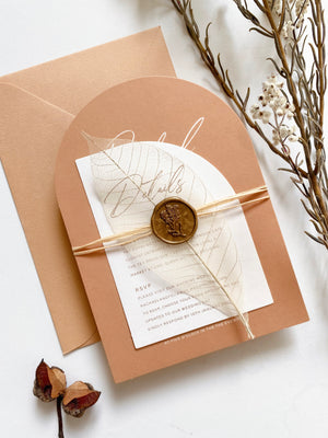 
                  
                    Load image into Gallery viewer, Earthy tone Wedding Invitation with Tan envelopes, Wax Seals and Hot-foiled Envelope liners
                  
                